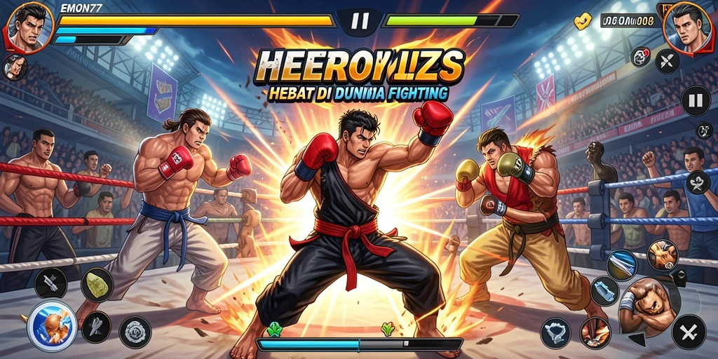 Screenshot gameplay EMON77 menampilkan pertarungan yang seru dan intens.