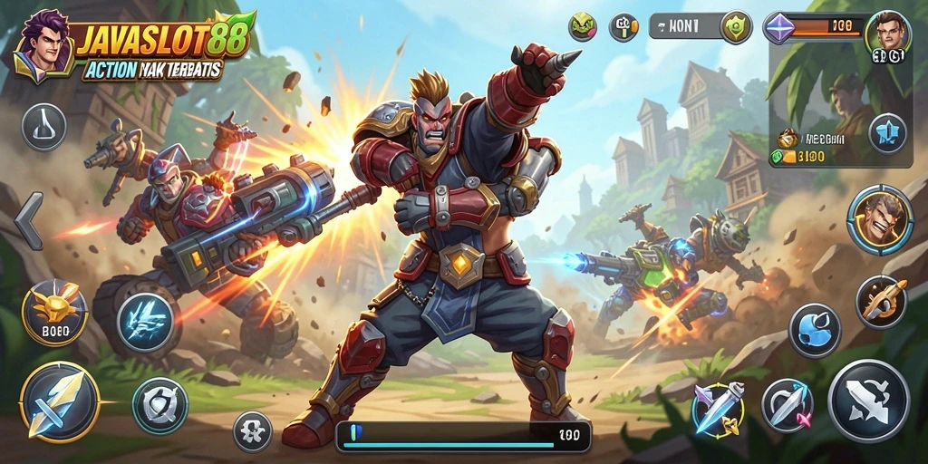 Menampilkan momen intens dalam gameplay JAVASLOT88.